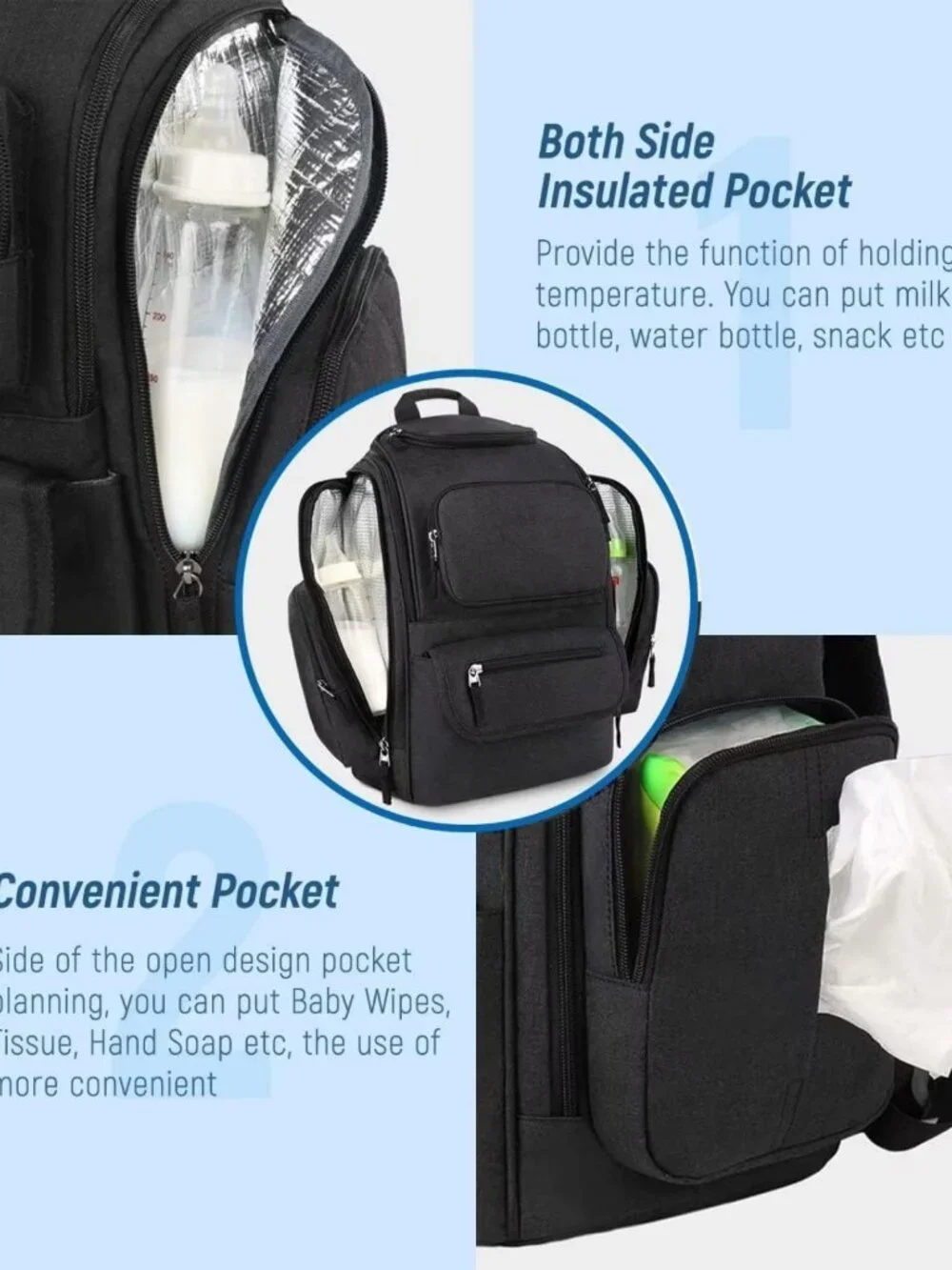 Stylish Water-Resistant Diaper Bag Backpack with Insulated Pockets & Stroller